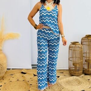 🆕💙GALITA: BLUE Wavy Stripes Crochet Tank SMALL + Pants MEDIUM Set